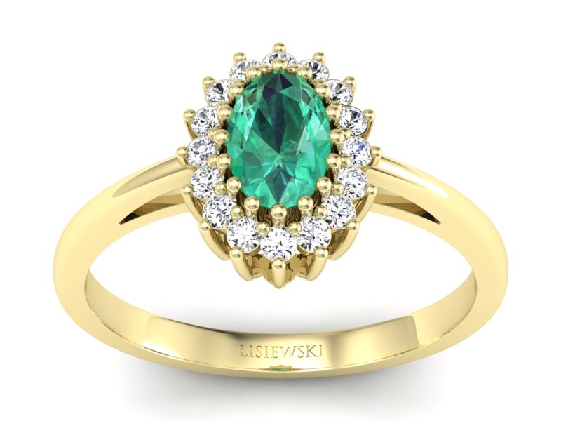 Złoty pierścionek ze szmaragdem i diamentami - P15088ZSM