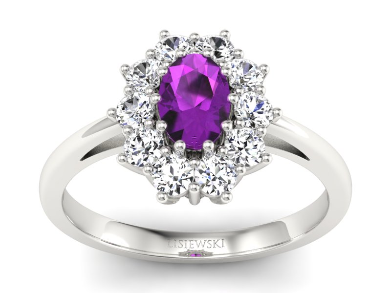 Pierścionek z ametystem i brylantami białe złoto - p15089ba