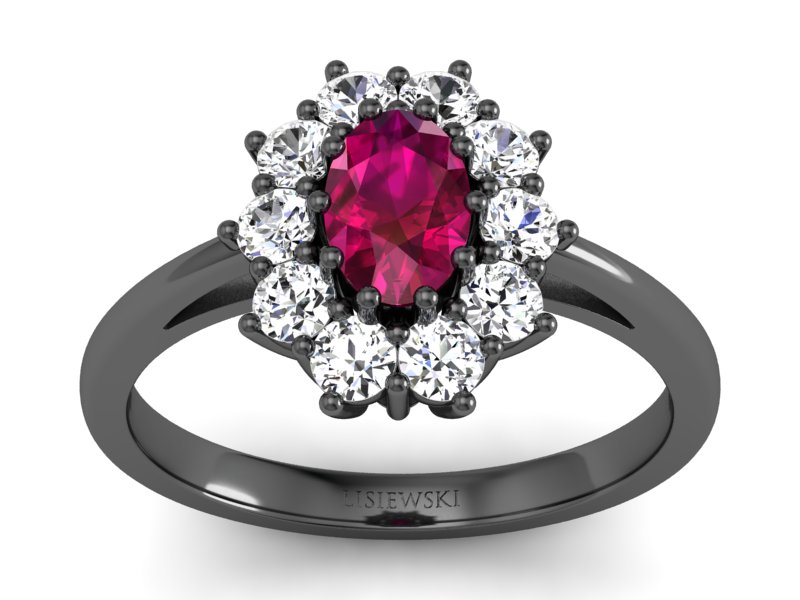 Pierścionek z rubinem i diamentami czarne złoto - p15089czr