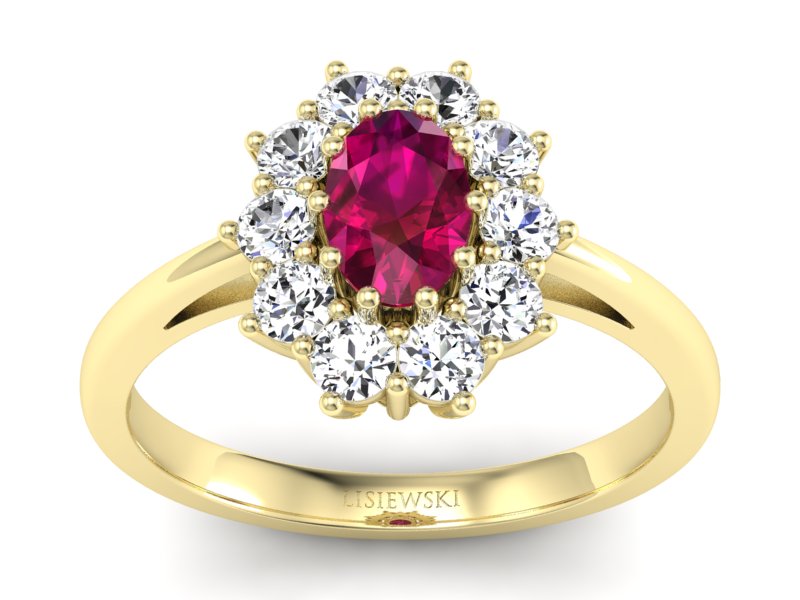 Pierścionek z rubinem i brylantami żółte złoto - p15089zr