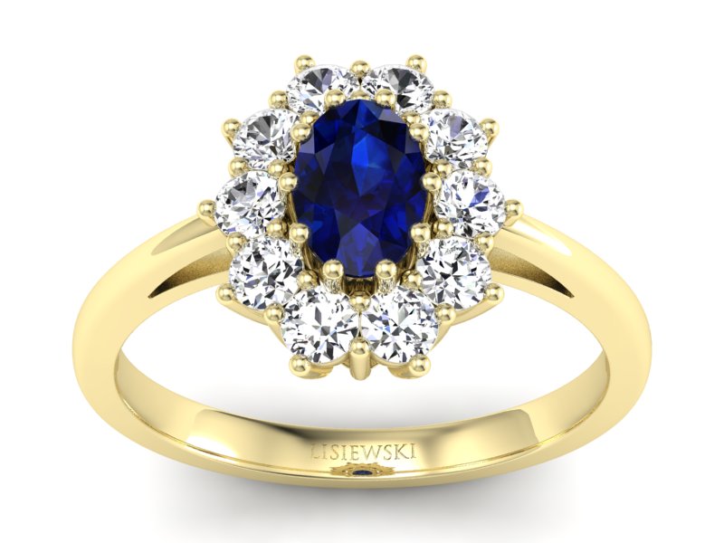 Pierścionek z szafirem i brylantami żółte złoto - p15089zsz
