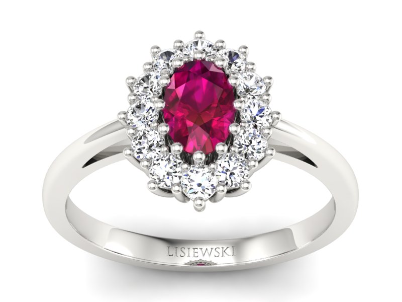 Pierścionek z rubinem i brylantami białe złoto - p15090br