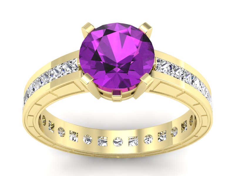 Pierścionek ametyst i diamenty żółte złoto - p15095zat