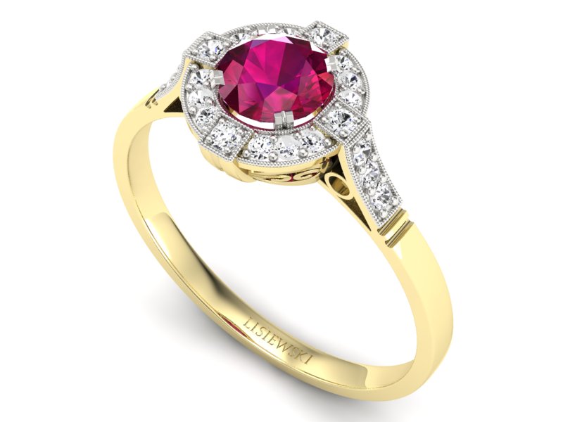 Pierścionek z rubinem i brylantami żółte złoto - p15098zrodr — zdjęcie 3