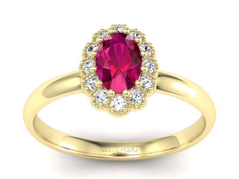 Pierścionek z rubinem i brylantami żółte złoto - P15116zr