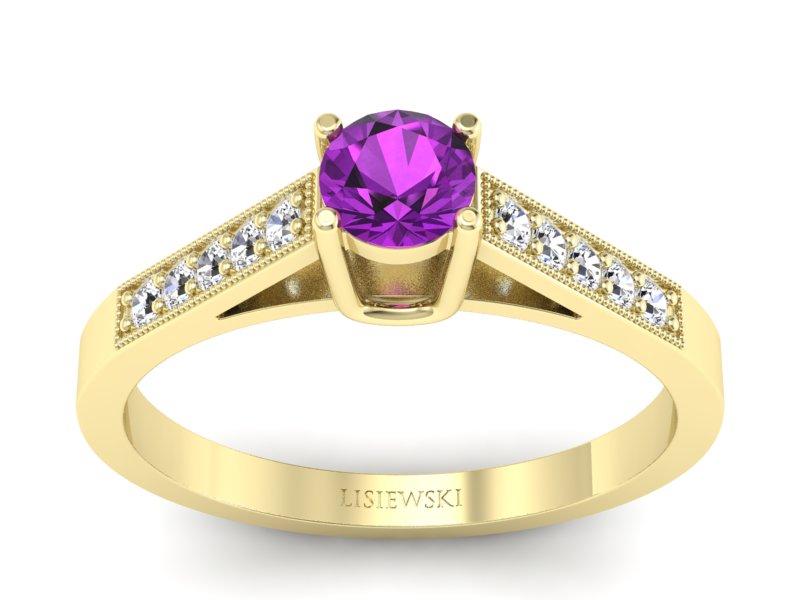 Pierścionek ametyst i brylanty żółte złoto - P15138zam