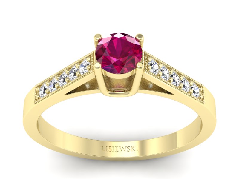 Pierścionek z rubinem i brylantami żółte złoto - P15138zr