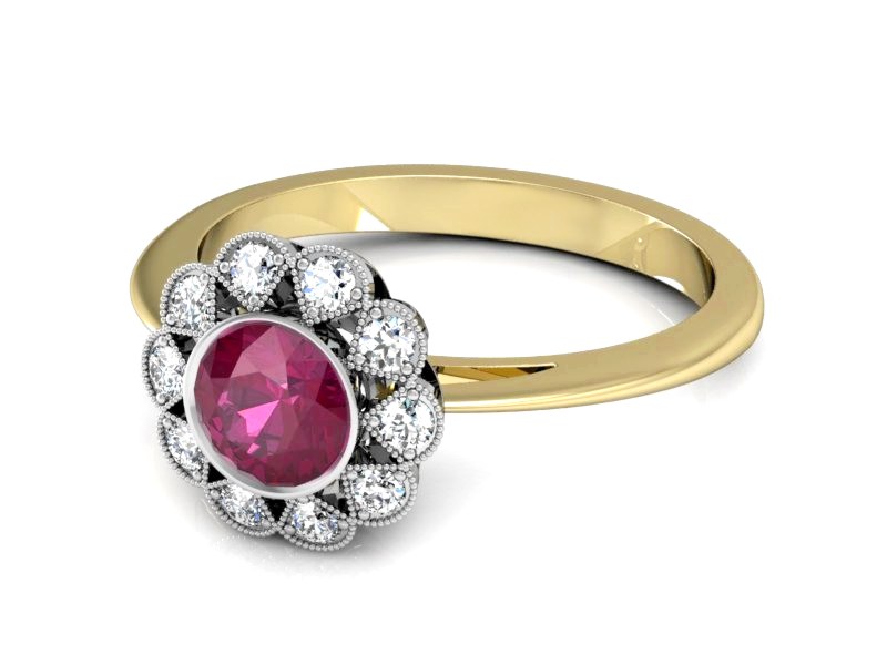 Złoty pierścionek z rubinem i brylantami - P15149zbr — zdjęcie 2