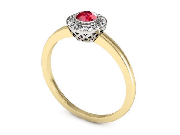 Złoty pierścionek z rubinem i brylantami - P15168zbr1