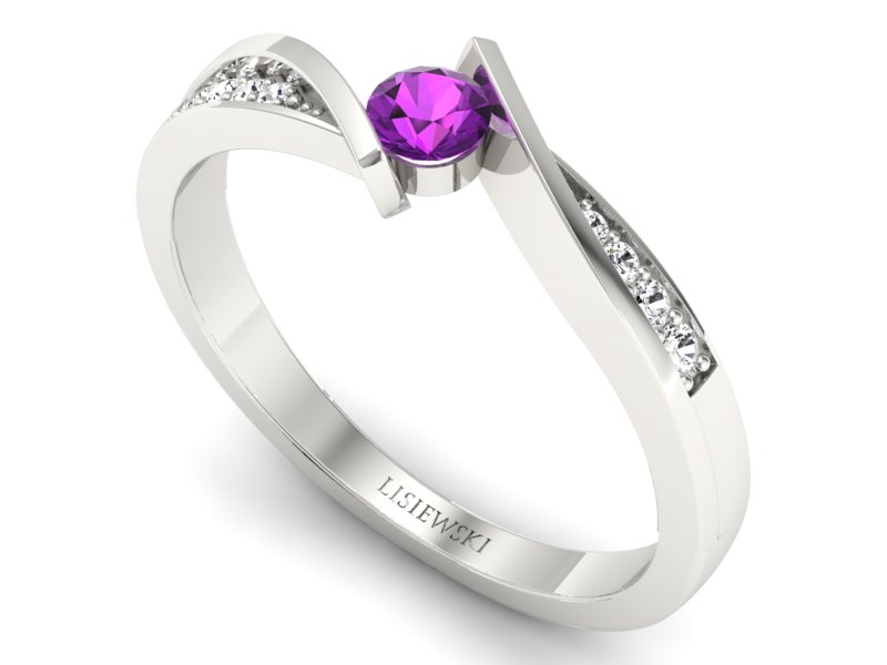 Złoty pierścionek z ametystem i brylantami - P15169bam — zdjęcie 3