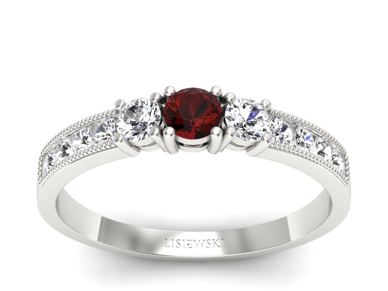 Pierścionek z granatem i brylantami białe złoto - p15204bgr