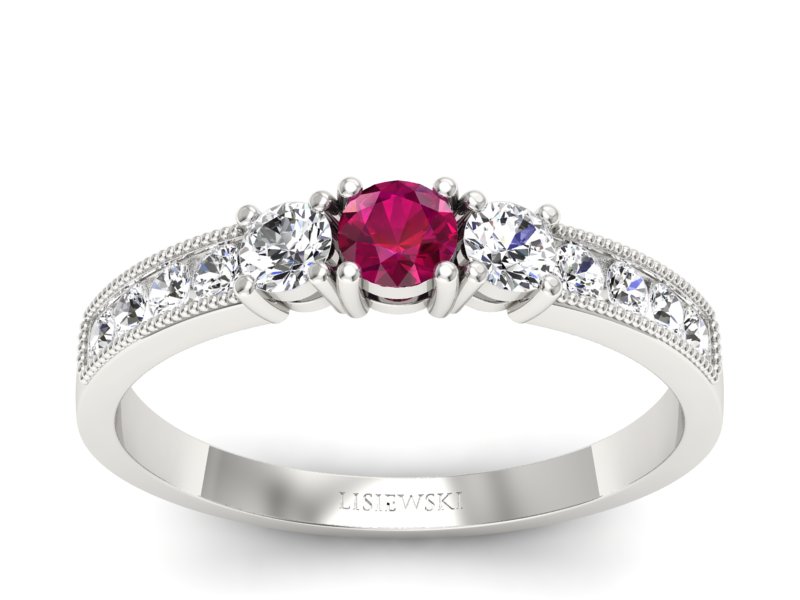 Pierścionek z rubinem i brylantami białe złoto - p15204br