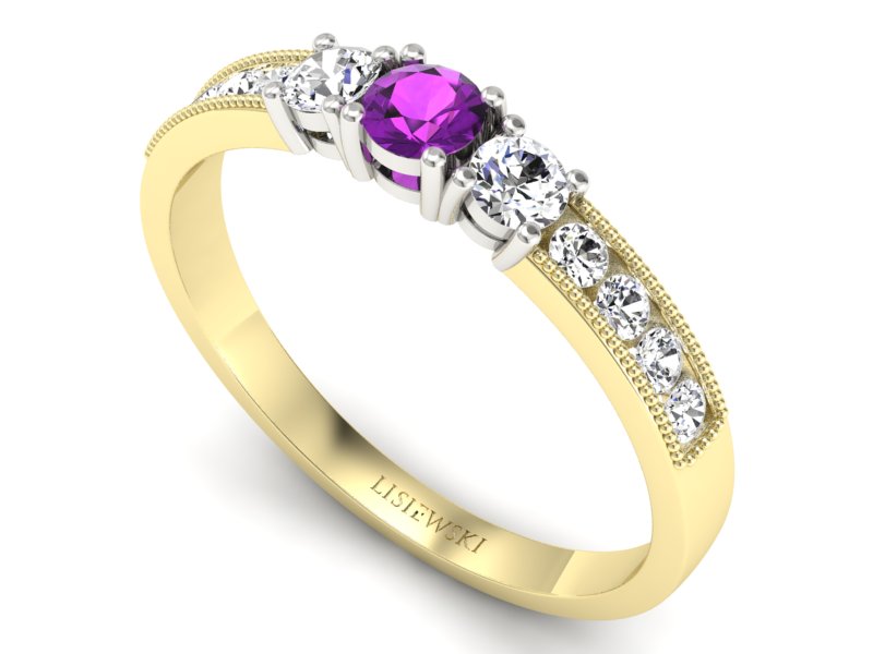 Złoty pierścionek z ametystem i brylantami - p15204zbat — zdjęcie 3