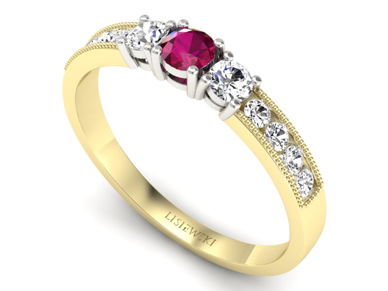 Złoty pierścionek z rubinem i brylantami - p15204zbr — zdjęcie 3