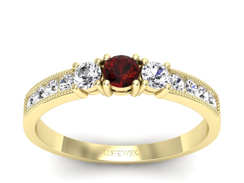 Pierścionek z granatem i brylantami żółte złoto - p15204zgr