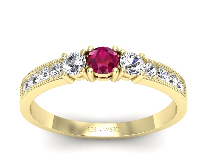 Pierścionek z rubinem i brylantami żółte złoto - p15204zr