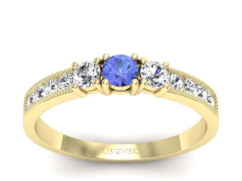Pierścionek z tanzanitem i brylantami żółte złoto - p15204zt