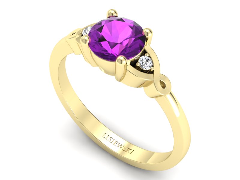 Złoty pierścionek z ametystem i diamentami - P15211zam — zdjęcie 3