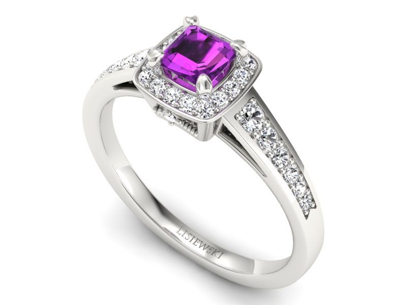 Złoty pierścionek z ametystem i brylantami - P15224bat — zdjęcie 3