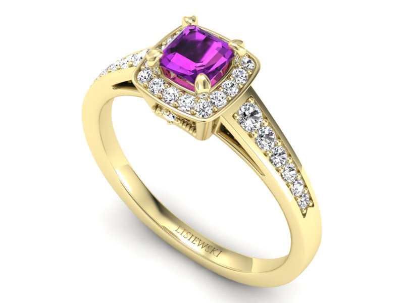 Pierścionek z ametystem i brylantami żółte złoto - P15224zat — zdjęcie 3