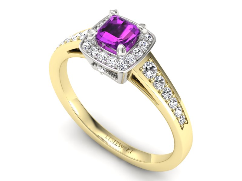 Złoty pierścionek z ametystem i brylantami - P15224zbat — zdjęcie 3