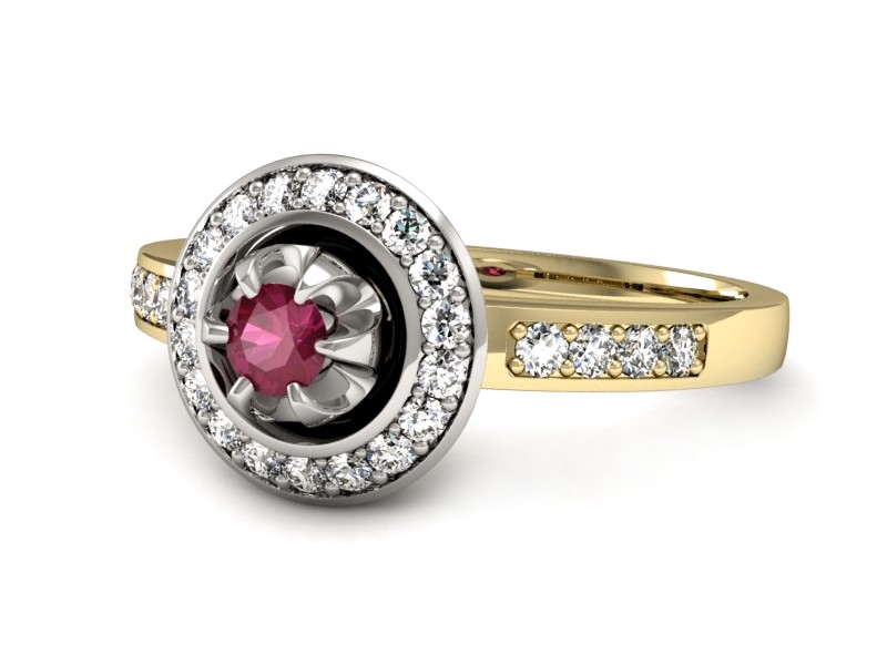 Złoty pierścionek z rubinem i brylantami - P15232zbr — zdjęcie 2