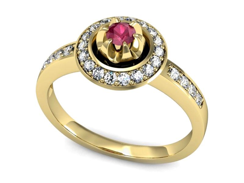 Pierścionek zaręczynowy z rubinem i diamentami żółte złoto - P15232zr