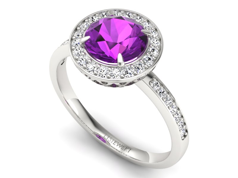 Złoty pierścionek z ametystem i brylantami - P15243bam — zdjęcie 3