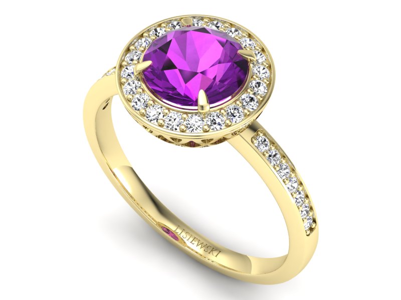 Złoty pierścionek z ametystem i diamentami - P15243zam — zdjęcie 3