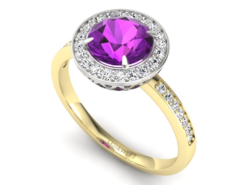 Złoty pierścionek z ametystem i brylantami - P15243zbam — zdjęcie 3