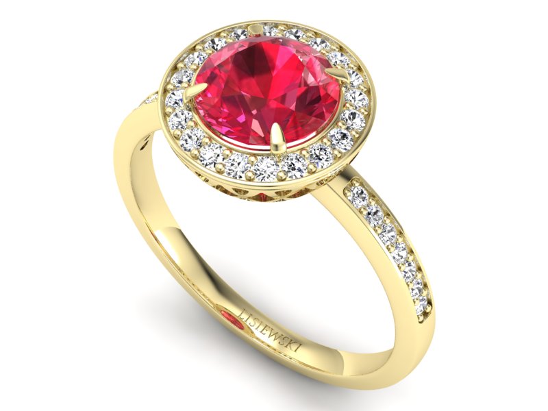 Pierścionek z rubinem i brylantami żółte złoto - P15243zr1 — zdjęcie 3