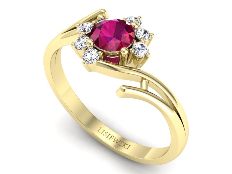 Złoty pierścionek z rubinem i brylantami - P15244zr — zdjęcie 3