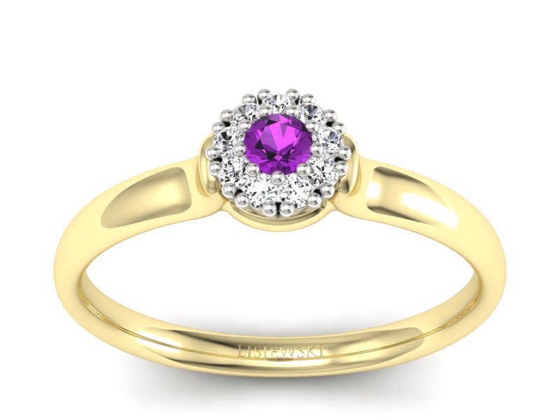 Pierścionek z ametystem i diamentami żółte złoto - P15249zam