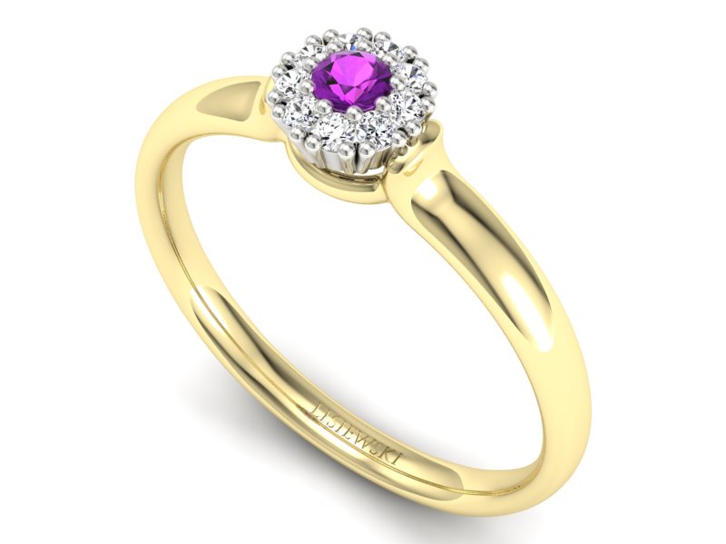 Pierścionek z ametystem i diamentami żółte złoto - P15249zam — zdjęcie 3