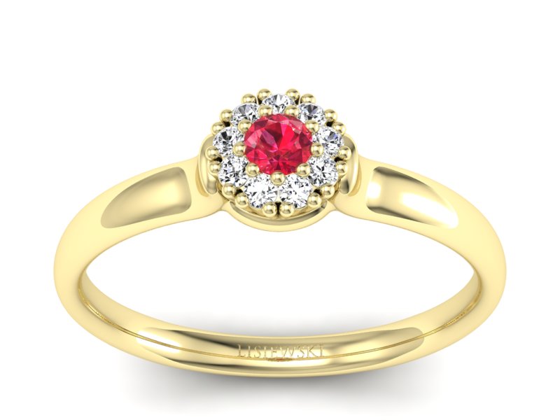 Pierścionek z rubinem i brylantami żółte złoto - P15249zr1