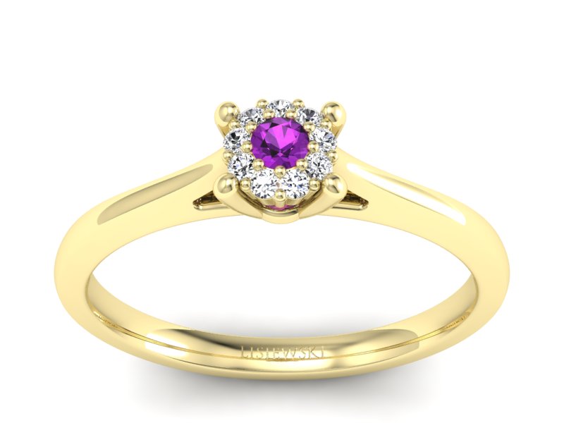 Pierścionek z ametystem i brylantami żółte złoto - P15250zat