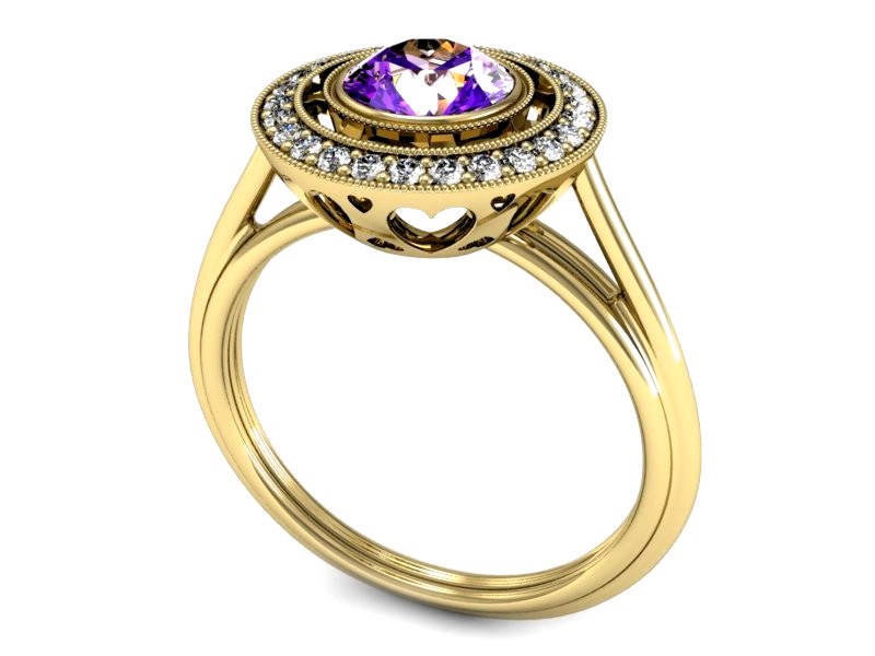 Pierścionek z ametystem i brylantami żółte złoto - P15258zam — zdjęcie 3