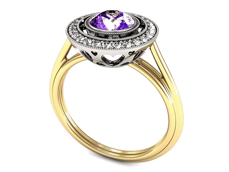 Złoty pierścionek z ametystem i brylantami - P15258zbam — zdjęcie 3