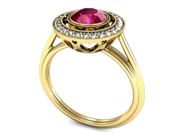 Złoty pierścionek z rubinem i brylantami - P15258zr