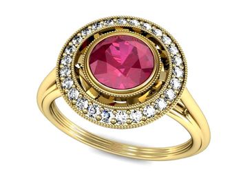 Złoty pierścionek z rubinem i brylantami - P15258zr - 1