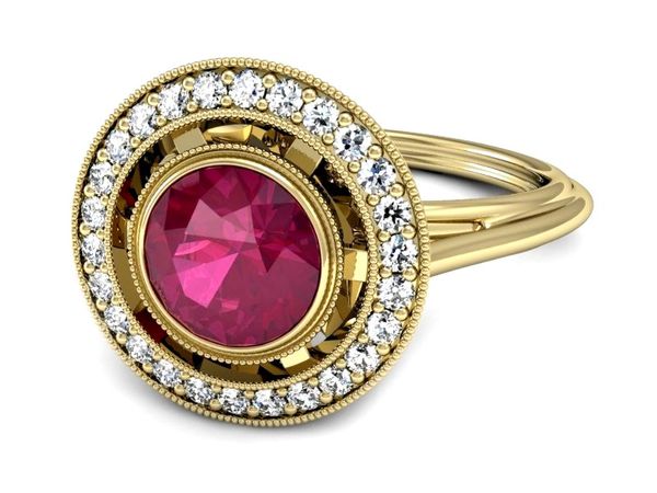 Złoty pierścionek z rubinem i brylantami - P15258zr