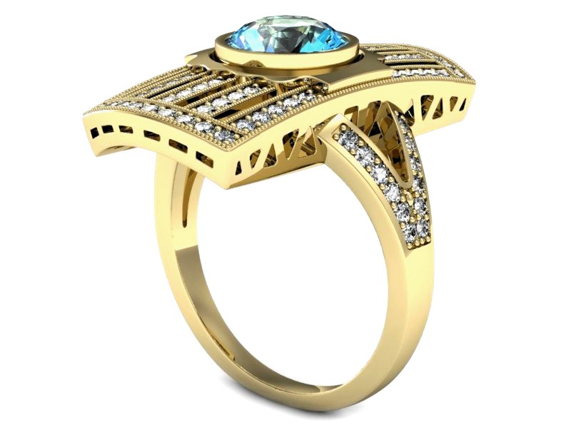 Złoty pierścionek z topazem i brylantami - P15267za — zdjęcie 2