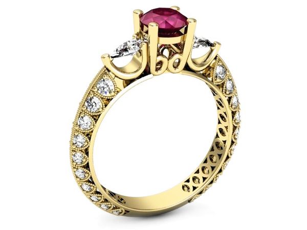 Pierścionek rubin z diamentami żółte złoto 585 - P15279zr