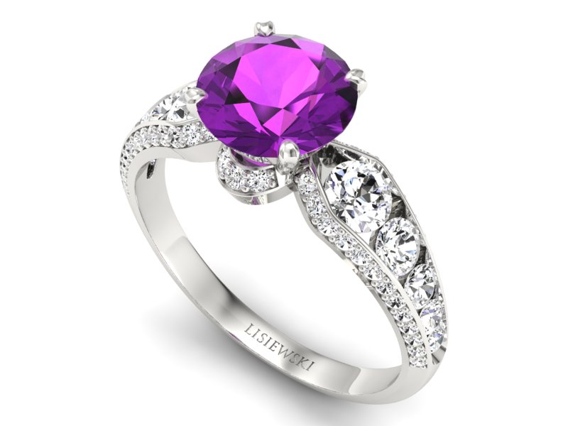 Złoty pierścionek z ametystem i brylantami - P15280bat — zdjęcie 3