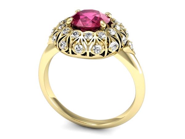 Złoty pierścionek z rubinem i brylantami - P15286zr
