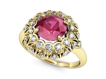Złoty pierścionek z rubinem i brylantami - P15286zr - 1
