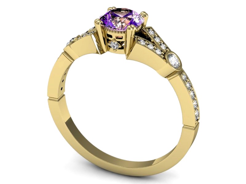 Pierścionek ametyst i brylanty żółte złoto - P15304zam — zdjęcie 3