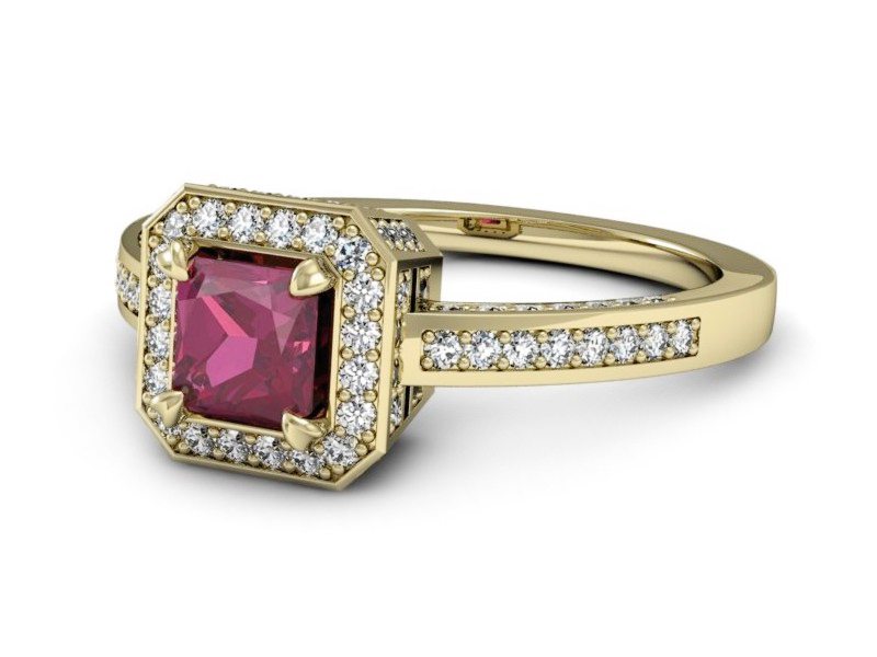 Złoty pierścionek z rubinem i brylantami - P15305zr — zdjęcie 2