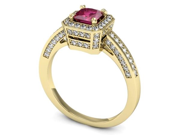 Złoty pierścionek z rubinem i brylantami - P15305zr