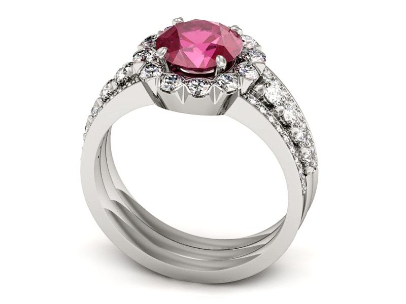 Złoty pierścionek z rubinem i brylantami - P15325br — zdjęcie 3